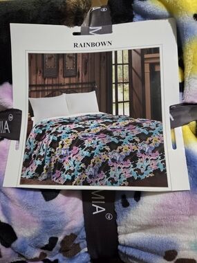 Rainbow Multicolor Plush Throw with Blue, Pink, Yellow & Black Abstract Print